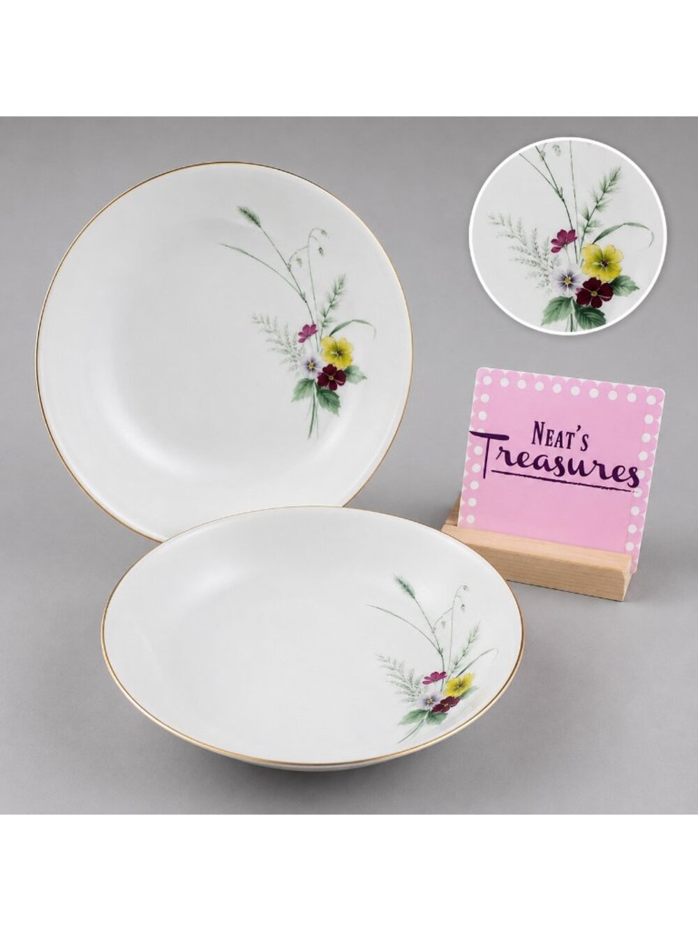 Vintage Bareuther Waldsassen Germany BTH7 Floral Gold Trim Coupe Soup Bowl Set 2